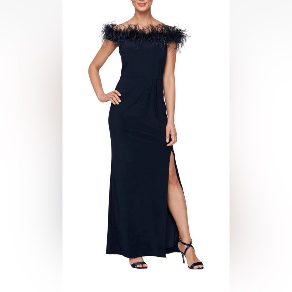 Alex Evenings Long Off-The Shoulder Gown With Maribou Detail In Dark Blue